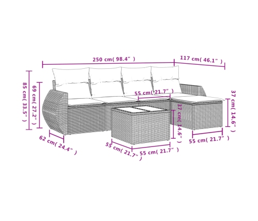 Set de muebles de jardín 6 pzas y cojines ratán sintético gris