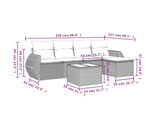 Set de sofás de jardín 6 pzas y cojines ratán sintético gris