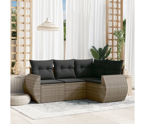 Set de sofás de jardín 4 pzas y cojines ratán sintético gris