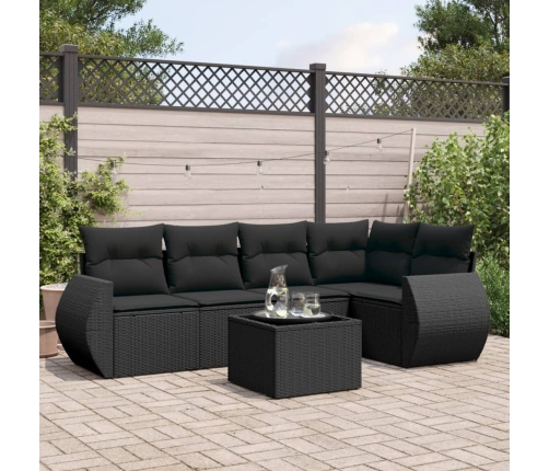Set de sofás de jardín 6 piezas y cojines ratán sintético negro