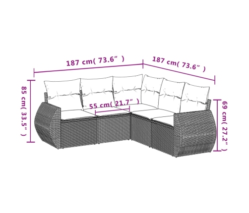 Set comedor de jardín 5 piezas y cojines ratán sintético marrón