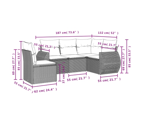 Set de muebles de jardín 5 pzas y cojines ratán sintético negro