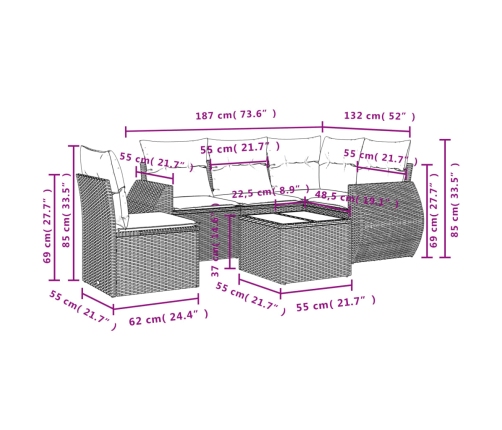 Set de muebles de jardín 6 pzas y cojines ratán sintético gris