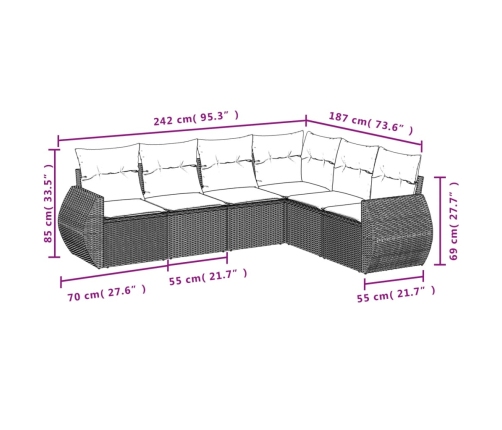 Set de sofás de jardín 6 pzas y cojines ratán sintético gris