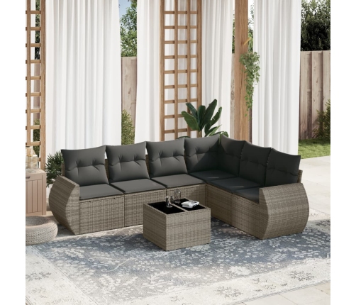 Set de sofás de jardín 7 piezas con cojines ratán PE gris