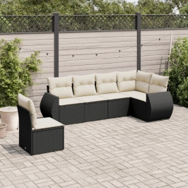 Set de sofás de jardín 6 piezas y cojines ratán sintético negro