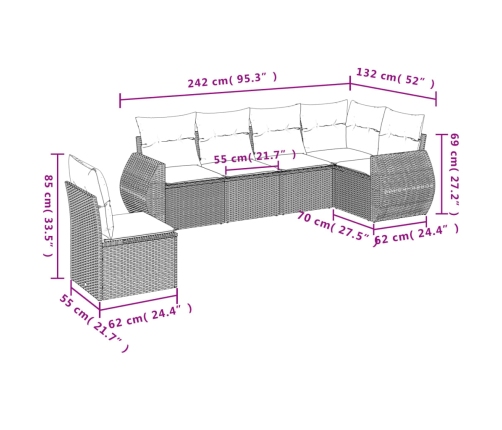 Set de sofás de jardín 6 pzas y cojines ratán sintético gris