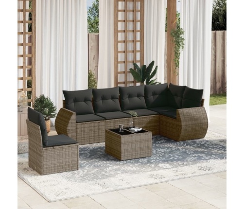 Set de sofás de jardín 7 piezas con cojines ratán PE gris