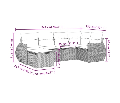 Set de muebles de jardín 6 pzas y cojines ratán sintético gris