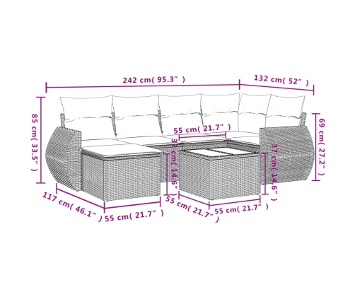 Set de comedor de jardín 7 pzas y cojines ratán sintético negro