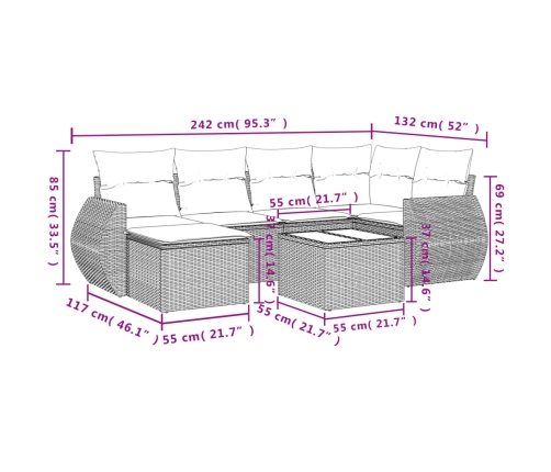 Set de comedor de jardín 7 pzas y cojines ratán sintético negro