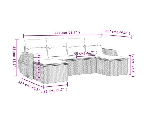 Set sofás de jardín 6 piezas y cojines ratán sintético marrón