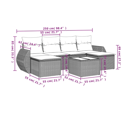 Set de comedor de jardín 7 pzas y cojines ratán sintético negro