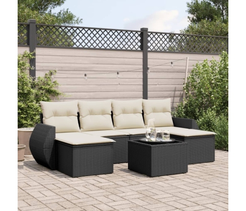 Set de comedor de jardín 7 pzas y cojines ratán sintético negro