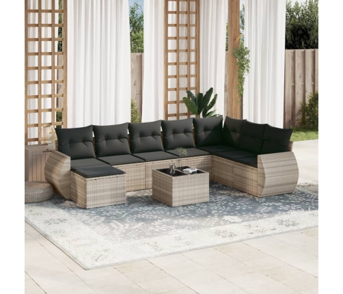 Set muebles jardín 9 pzas y cojines ratán sintético gris claro