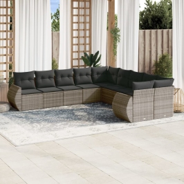 Set de sofás de jardín 11 pzas y cojines ratán sintético gris