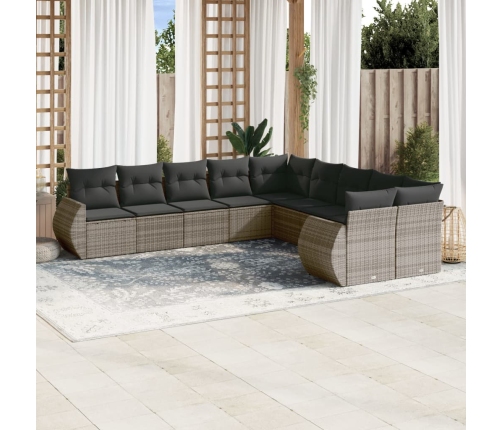 Set de sofás de jardín 11 pzas y cojines ratán sintético gris
