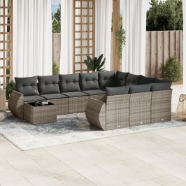 Set de sofás de jardín 11 pzas y cojines ratán sintético gris
