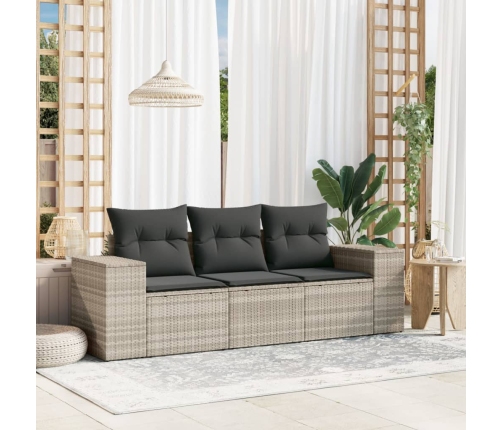 Set de sofá de jardín 3 pzas y cojines ratán sintético gris