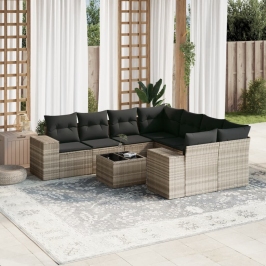 Set muebles jardín 9 pzas y cojines ratán sintético gris claro