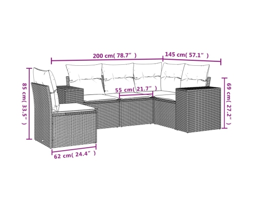 Set comedor de jardín 5 piezas y cojines ratán sintético marrón