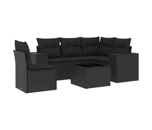 Set de sofás de jardín 6 piezas y cojines ratán sintético negro