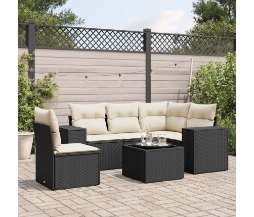 Set de sofás de jardín 6 piezas y cojines ratán sintético negro