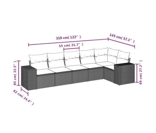 Set sofás de jardín 6 piezas y cojines ratán sintético marrón