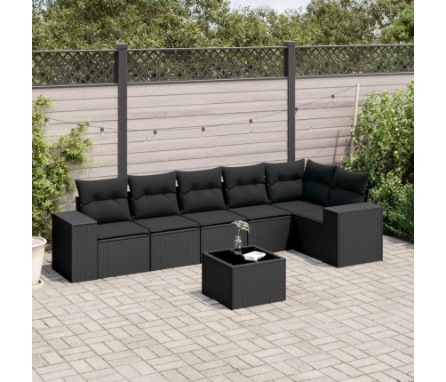 Set de comedor de jardín 7 pzas y cojines ratán sintético negro