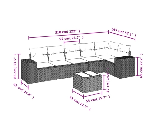 Set de comedor de jardín 7 pzas y cojines ratán sintético negro