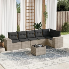 Set de sofás de jardín 7 pzas con cojines ratán PE gris claro