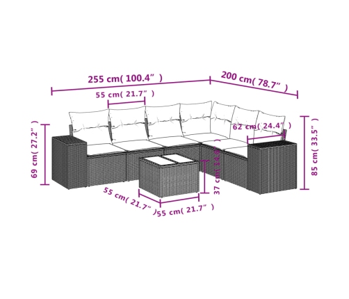 Set de comedor de jardín 7 pzas y cojines ratán sintético negro