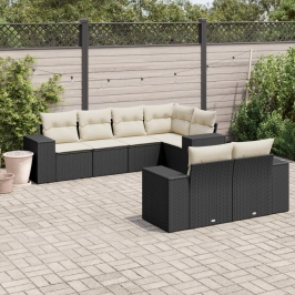 Set de comedor de jardín 7 pzas y cojines ratán sintético negro