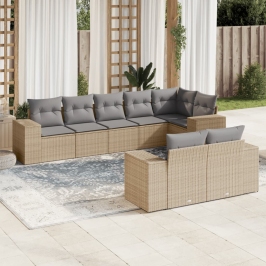 Juego de sofás de jardín con cojines beige 8 pzas ratán PE