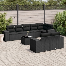 Set de sofás de jardín 8 piezas y cojines ratán sintético negro