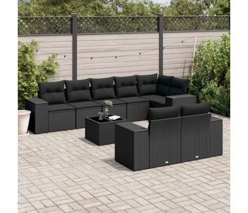 Set de sofás de jardín 8 piezas y cojines ratán sintético negro