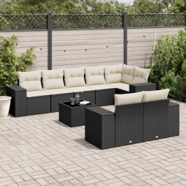 Set de sofás de jardín 8 piezas y cojines ratán sintético negro