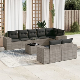 Set de muebles de jardín 9 pzas y cojines ratán sintético gris