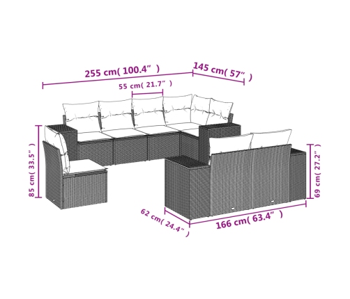 Set de sofás de jardín 8 pzas y cojines ratán sintético gris