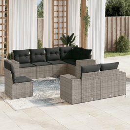 Set de sofás de jardín 8 pzas y cojines ratán sintético gris