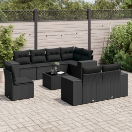 Set de sofás de jardín 8 piezas y cojines ratán sintético negro