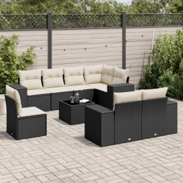 Set de sofás de jardín 8 piezas y cojines ratán sintético negro