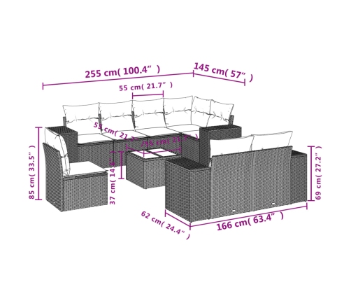 Set muebles jardín 9 pzas y cojines ratán sintético gris claro