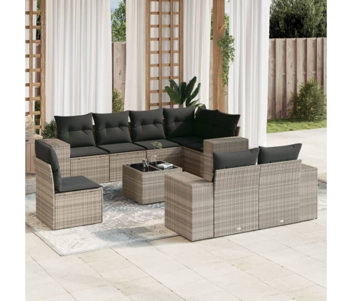 Set muebles jardín 9 pzas y cojines ratán sintético gris claro