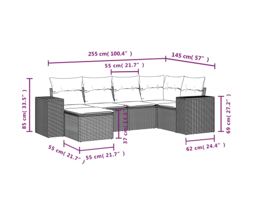 Set de muebles de jardín 6 pzas y cojines ratán sintético gris
