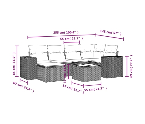 Set de comedor de jardín 7 pzas y cojines ratán sintético negro