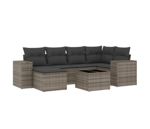 Set de sofás de jardín 7 piezas con cojines ratán PE gris