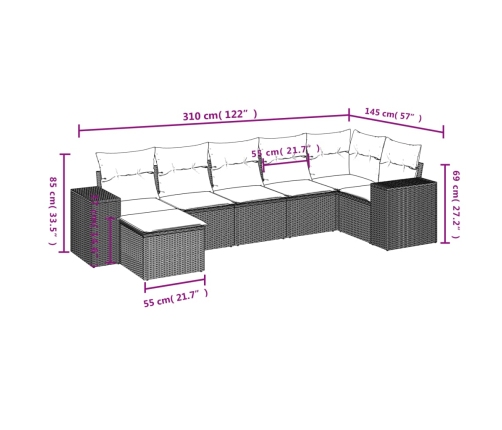 Set de comedor de jardín 7 pzas y cojines ratán sintético negro