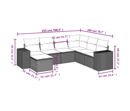 Set de comedor de jardín 7 pzas y cojines ratán sintético negro