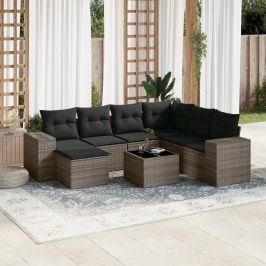 Set de sofás de jardín 8 pzas y cojines ratán sintético gris